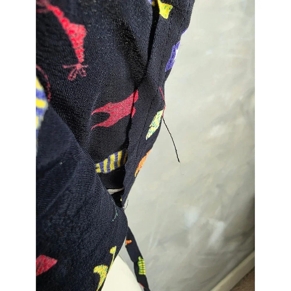 Vtg 90s David Dart Black Button Up Novelty Print Multicolor Dress Sz L Collar